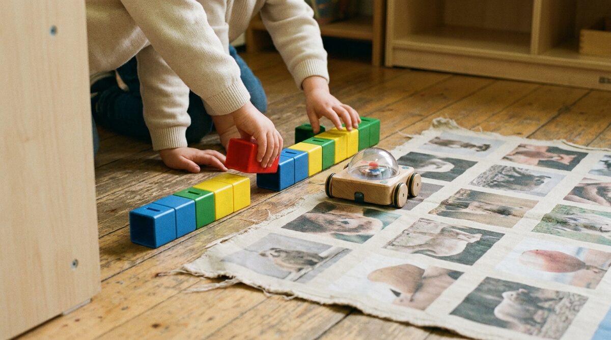 Two children kneeling on a wooden floor, seen from above and behind, placing chunky red, yellow, green and blue coding blocks in a row beside a small domed wheeled robot on a printed picture mat
