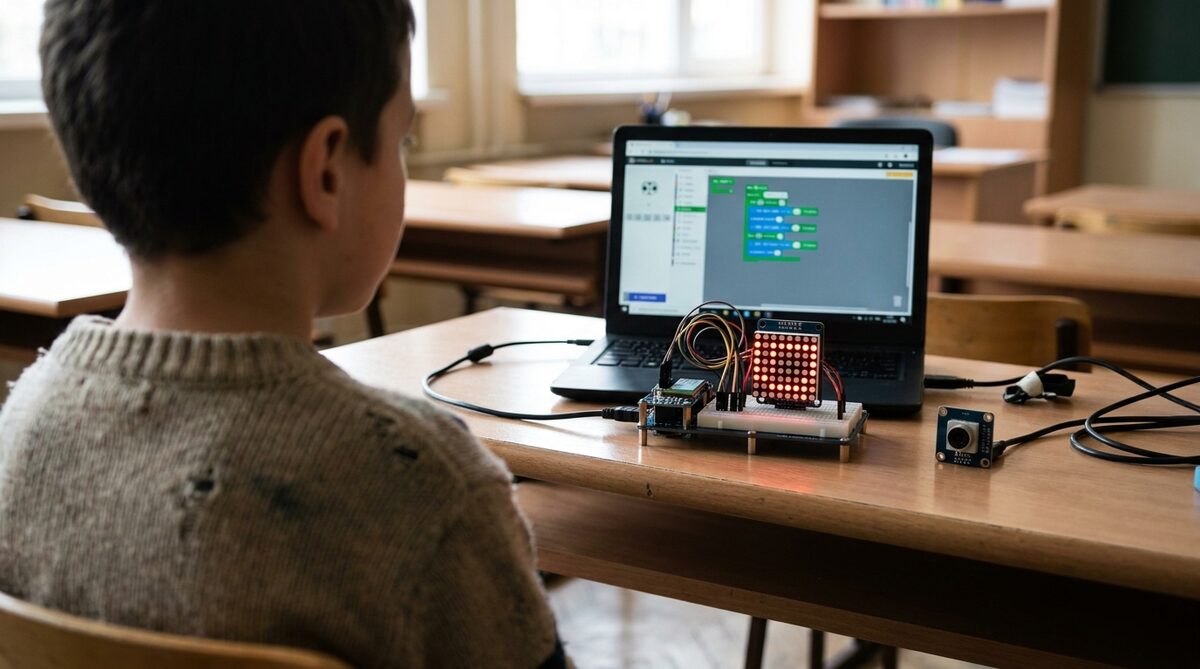 A child seen from behind at a classroom desk facing a laptop that shows a coloured block-coding editor, with a small circuit board lit by a red LED matrix and a camera module on the desk beside it