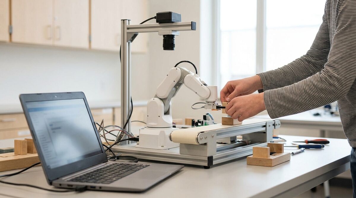 A small white desktop robot arm on a classroom bench above a short conveyor, a camera on a stand looking down at it, a laptop to one side and a pair of hands placing a wooden block in its path