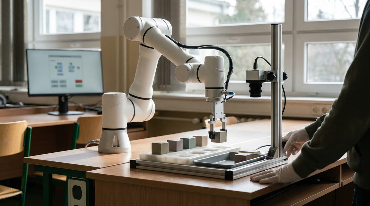 A white six-axis collaborative arm on a classroom bench beside a window, reaching over a tray of wooden blocks with a vision camera on a post alongside and a monitor of control software behind