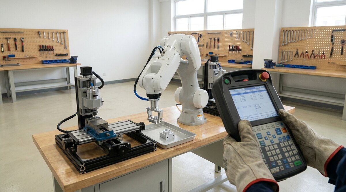 A college training bench with no fencing around it, a white collaborative arm reaching over a small benchtop milling machine towards a tray of machined metal parts, and two gloved hands in the foreground holding an industrial teach pendant, with pegboards of hand tools along the wall behind