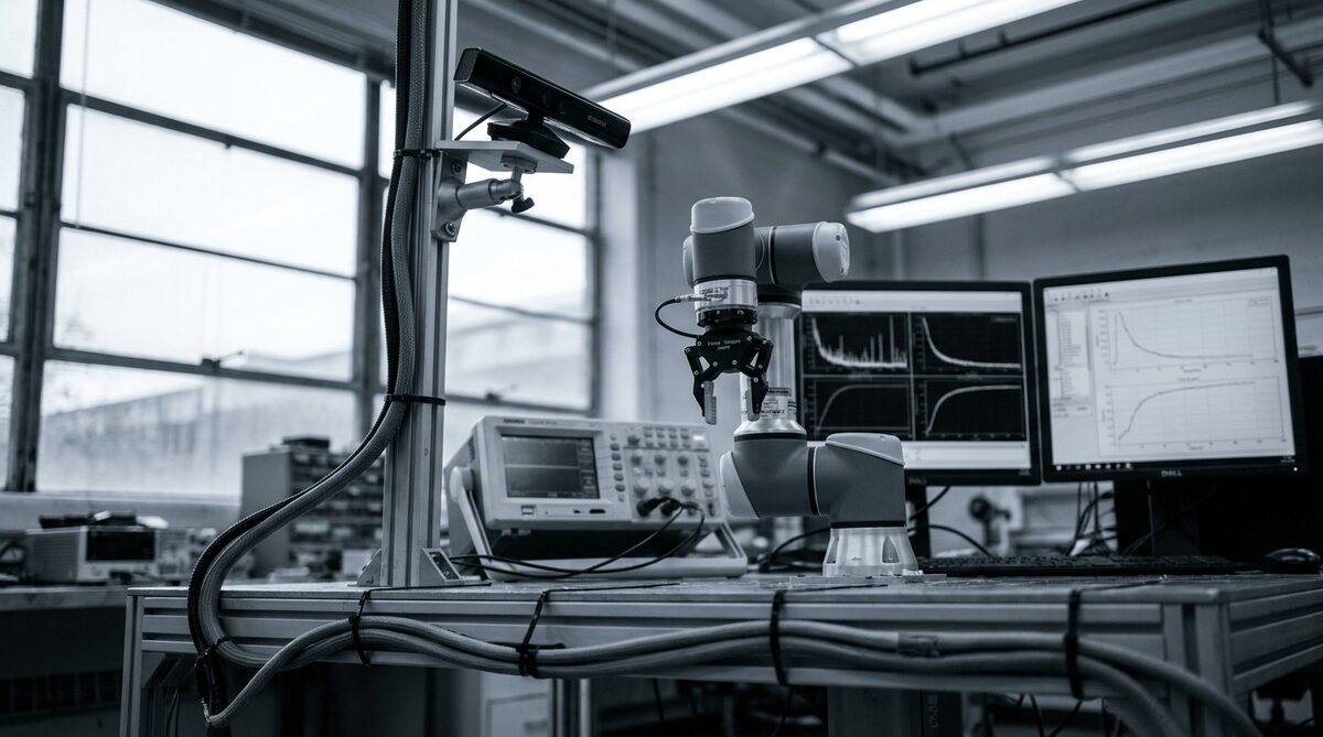 A university research bench carrying a robot arm under a camera rig, an oscilloscope and two monitors of plotted data behind it, with cable looms running along the bench edge and no one in the room