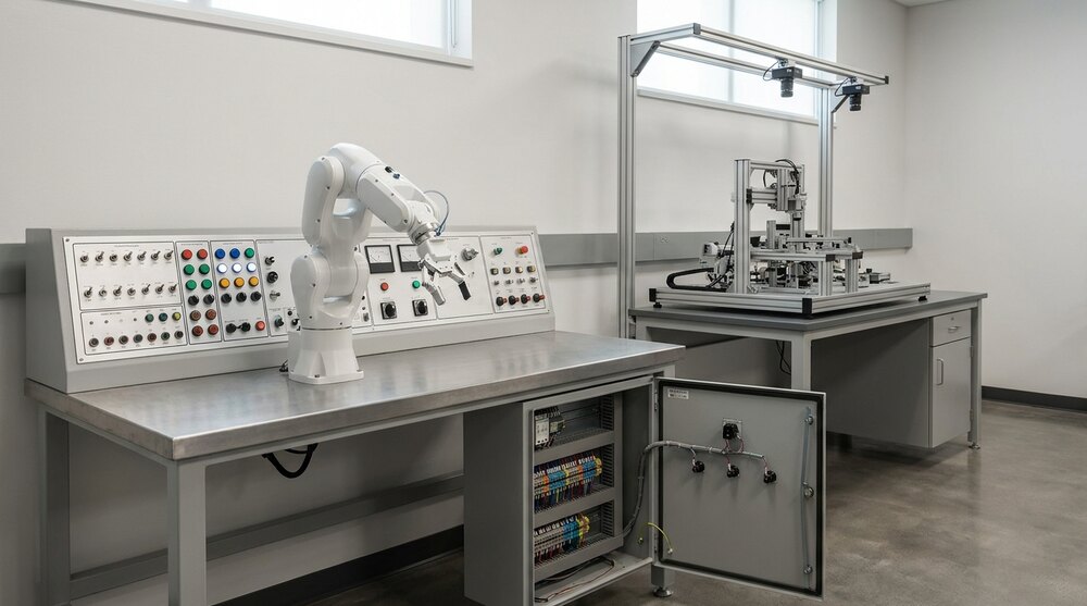A university engineering laboratory with no one in the room, a white six-axis arm on a steel bench beside a control training panel of switches and dials, an open cabinet of wired terminal blocks below, and a research rig under a camera bar on the bench behind