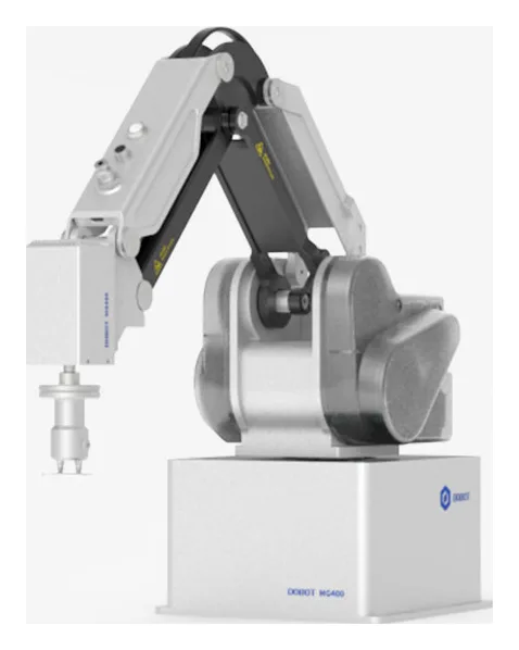 A four-axis desktop industrial arm with a small tool on a boxed base