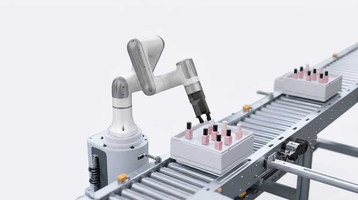 A six-axis arm lifting a tray of small bottles from a roller conveyor, with a second tray further down the line