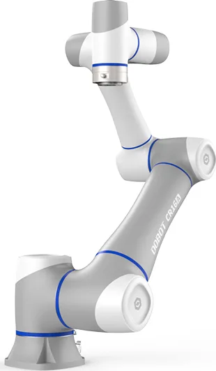 A larger six-axis cobot in the same livery, extended to its full reach