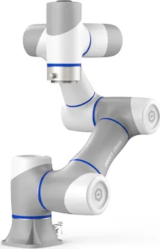 A six-axis cobot in silver and white with blue joint rings, folded back on itself
