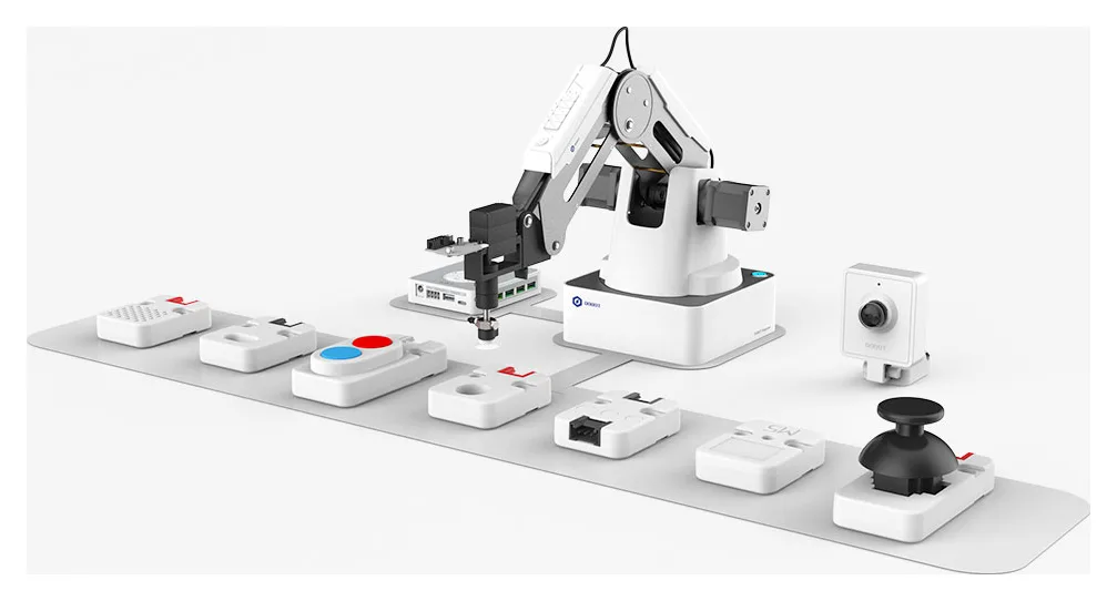 A desktop arm ringed by sensor modules, switches and a camera