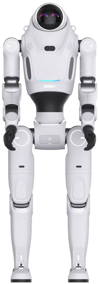 A full-size humanoid standing square, white panels over a dark frame