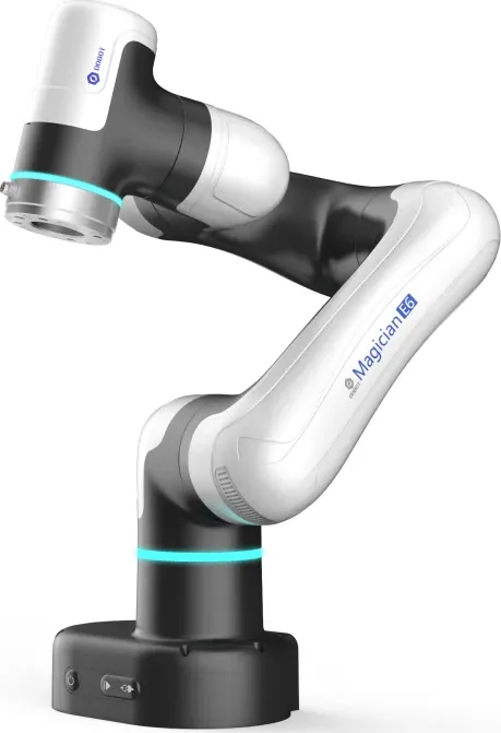 A six-axis desktop cobot in white and black with lit rings at the base and wrist