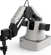 A four-axis desktop arm with a gripper, on a boxed base