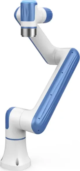 A light six-axis cobot in white and blue, extended to its full reach