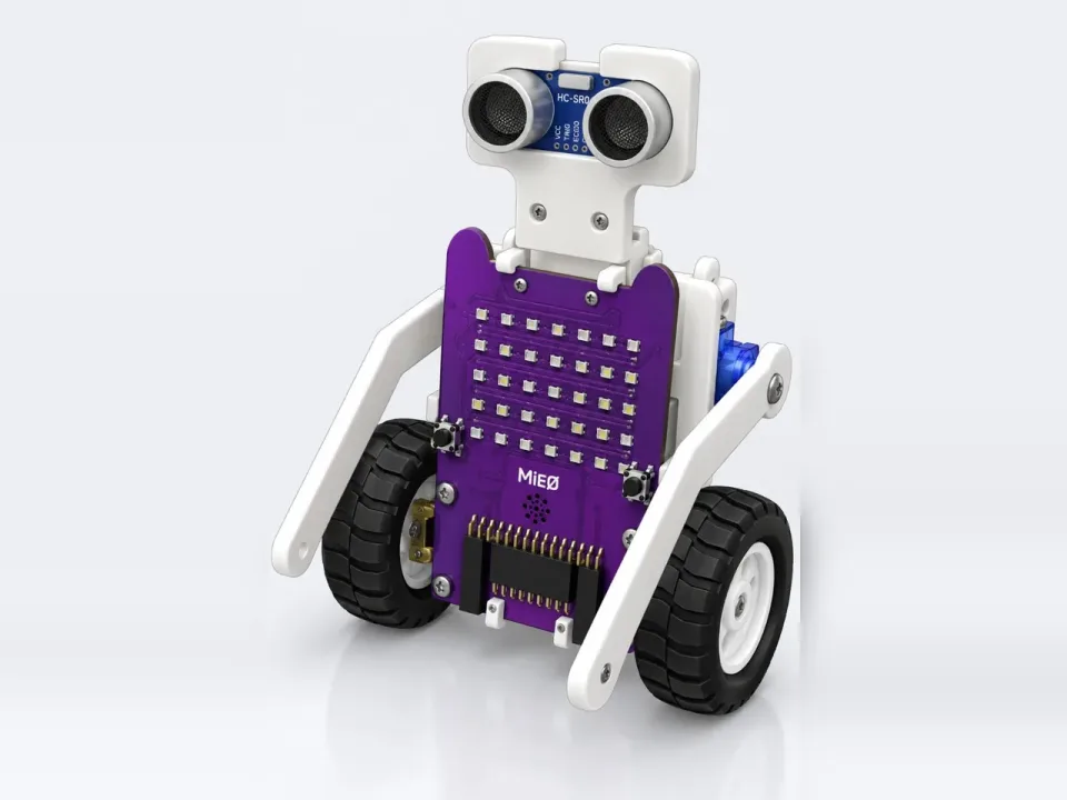 MIEO built as an upright robot with ultrasonic-sensor eyes and two white arms
