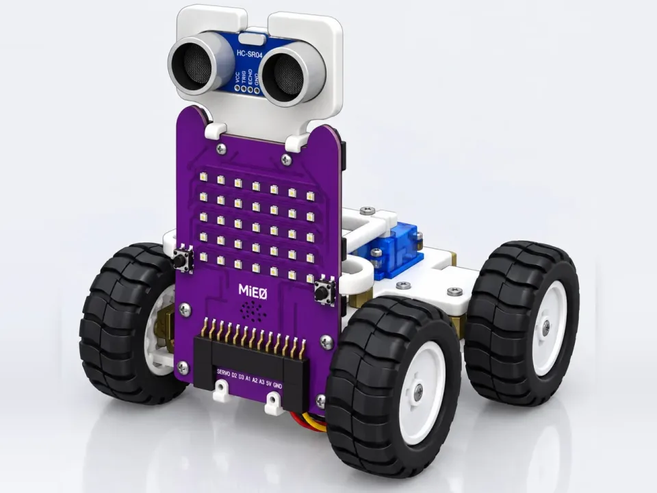 Four-wheel MIEO with its grid of lights standing upright as a face and an ultrasonic sensor on top