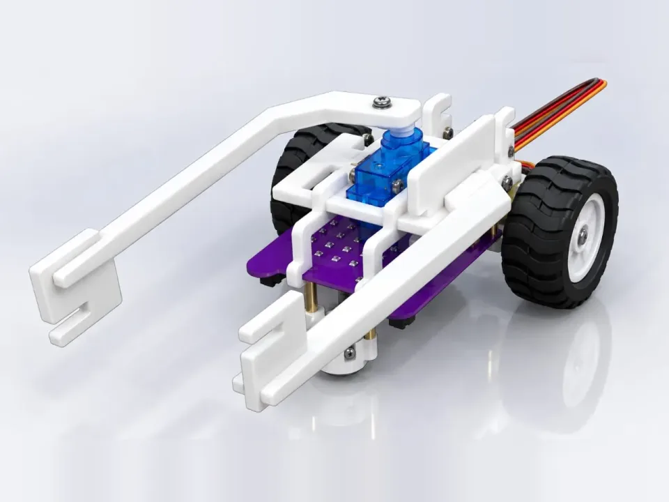MIEO with a servo-driven gripper arm for picking up objects