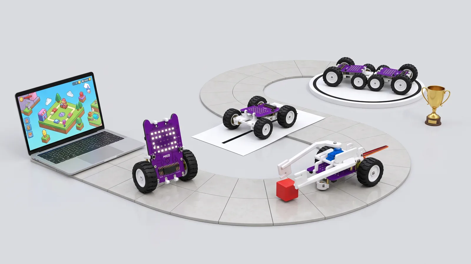 Four small purple MIEO robots built from the same kit, set out along a curving grey track beside an open laptop: an upright two-wheeled robot with a lit grid of lights, a rover on a line-following mat, a gripper arm reaching for a red cube, and two joined rovers in a ring beside a gold trophy