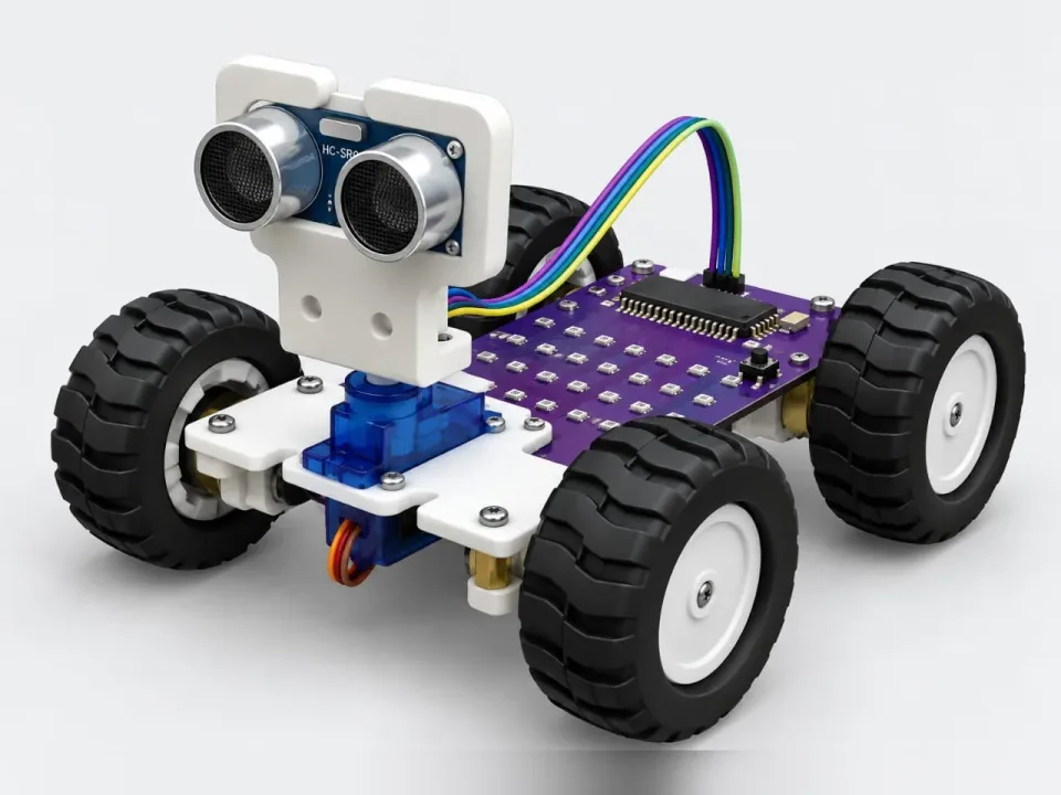 Four-wheel MIEO rover with an ultrasonic sensor on a turning servo