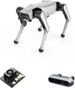 A four-legged walking robot standing square, with two small sensor modules beside it