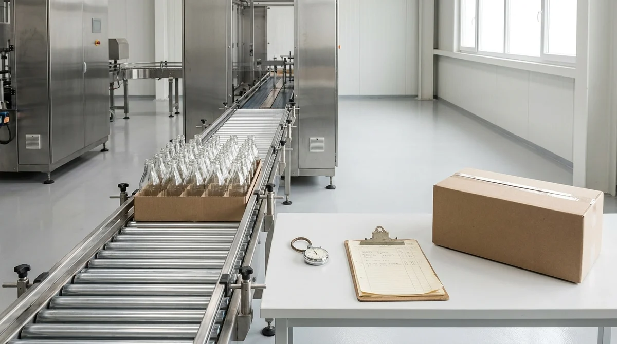 A bright clean production room with no robot in it, a stainless roller conveyor carrying a tray of upright glass bottles past polished machine housings, and a white bench in the foreground holding a stopwatch, a clipboard of handwritten timings and a flat carton