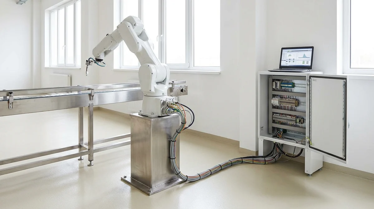 The same white arm now bolted to a steel pedestal beside the conveyor in the same room, a cable loom running from its base across the floor into an open control cabinet of neat terminal blocks, with a laptop showing a control screen on top of the cabinet
