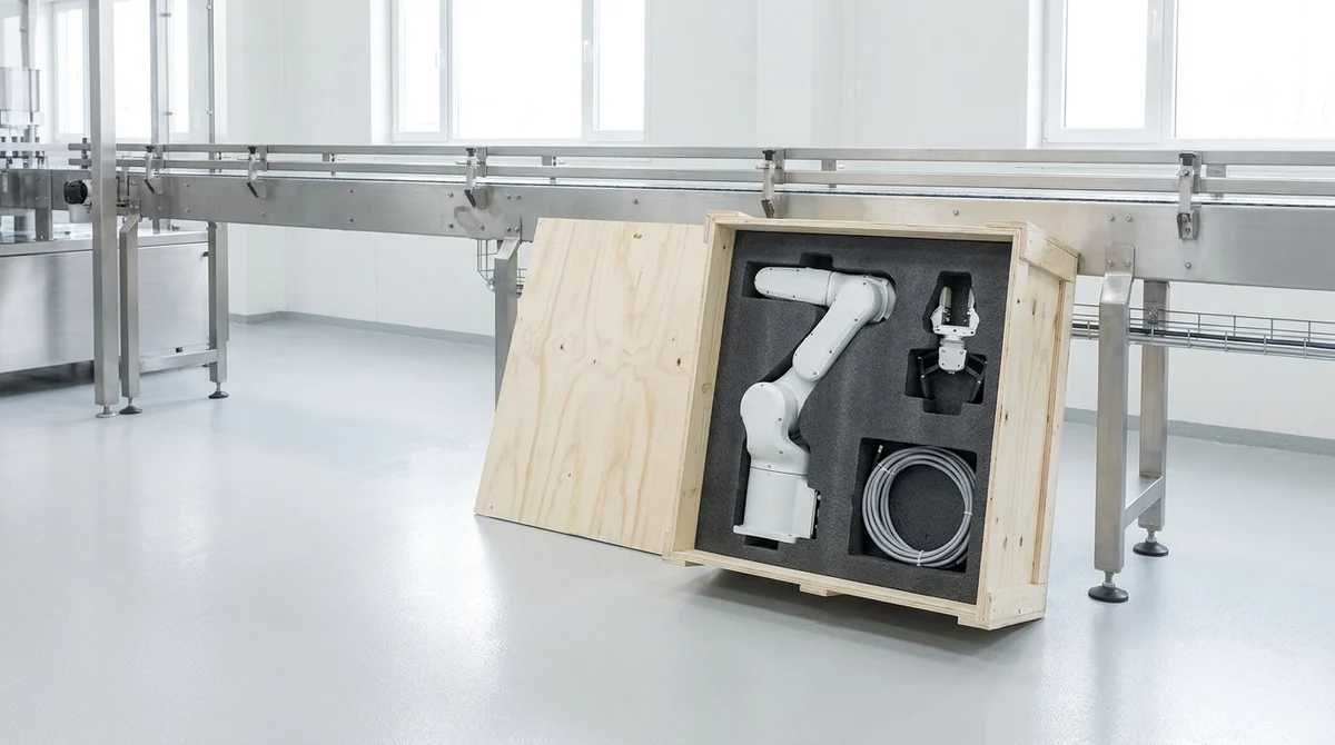 An opened pale wooden crate standing on the pale floor of the same bright room, a white robot arm nested in cut grey foam inside it beside a gripper and a neatly coiled cable in their own cutouts, with the stainless conveyor running behind