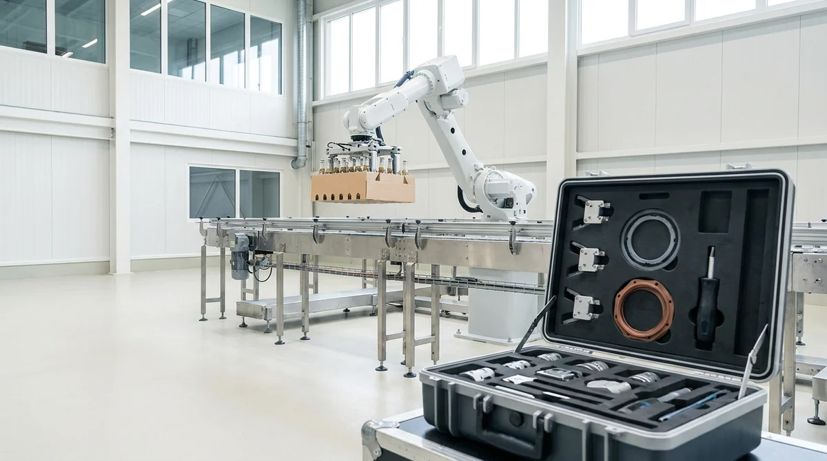 The finished cell running, the white arm mid-motion above the conveyor of bottles in the bright room, with an open service case in the sharp foreground holding spare grippers, seals and tools in moulded compartments