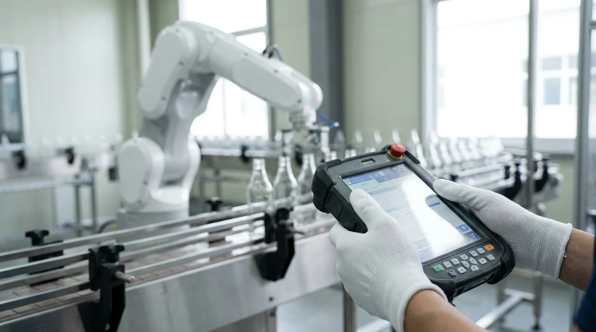 A close view of two gloved hands, cropped at the wrists, holding an industrial teach pendant with a lit touchscreen and a red button, while behind them and out of focus the white arm works over the conveyor of glass bottles